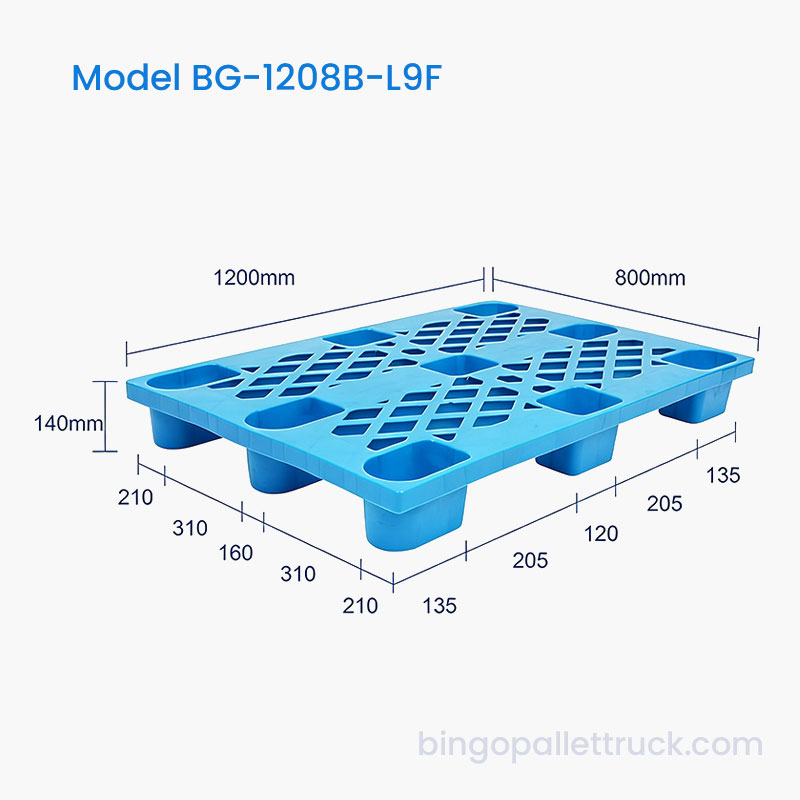 Paleta de plástico HDPE de 9 patas para trabajo liviano de 1200 x 800 mm